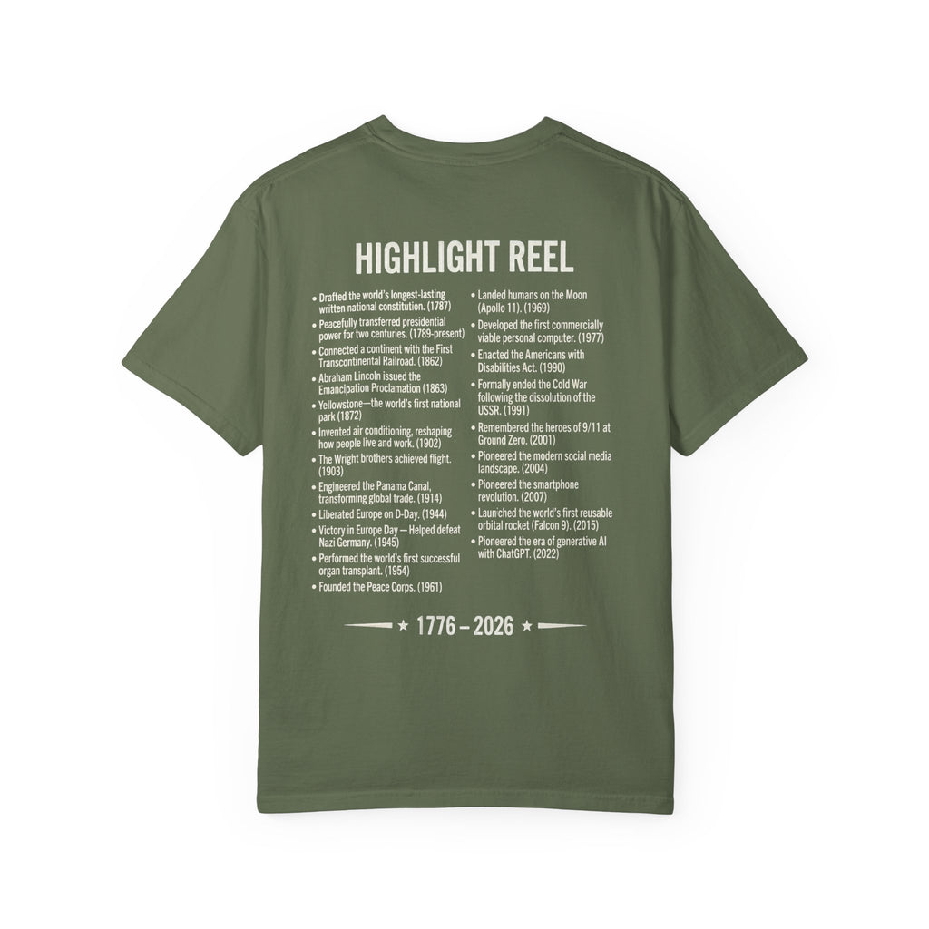 America Stat Card Tee, America 250 Commemorative T-Shirt — 1776–2026 Highlight Reel Tee