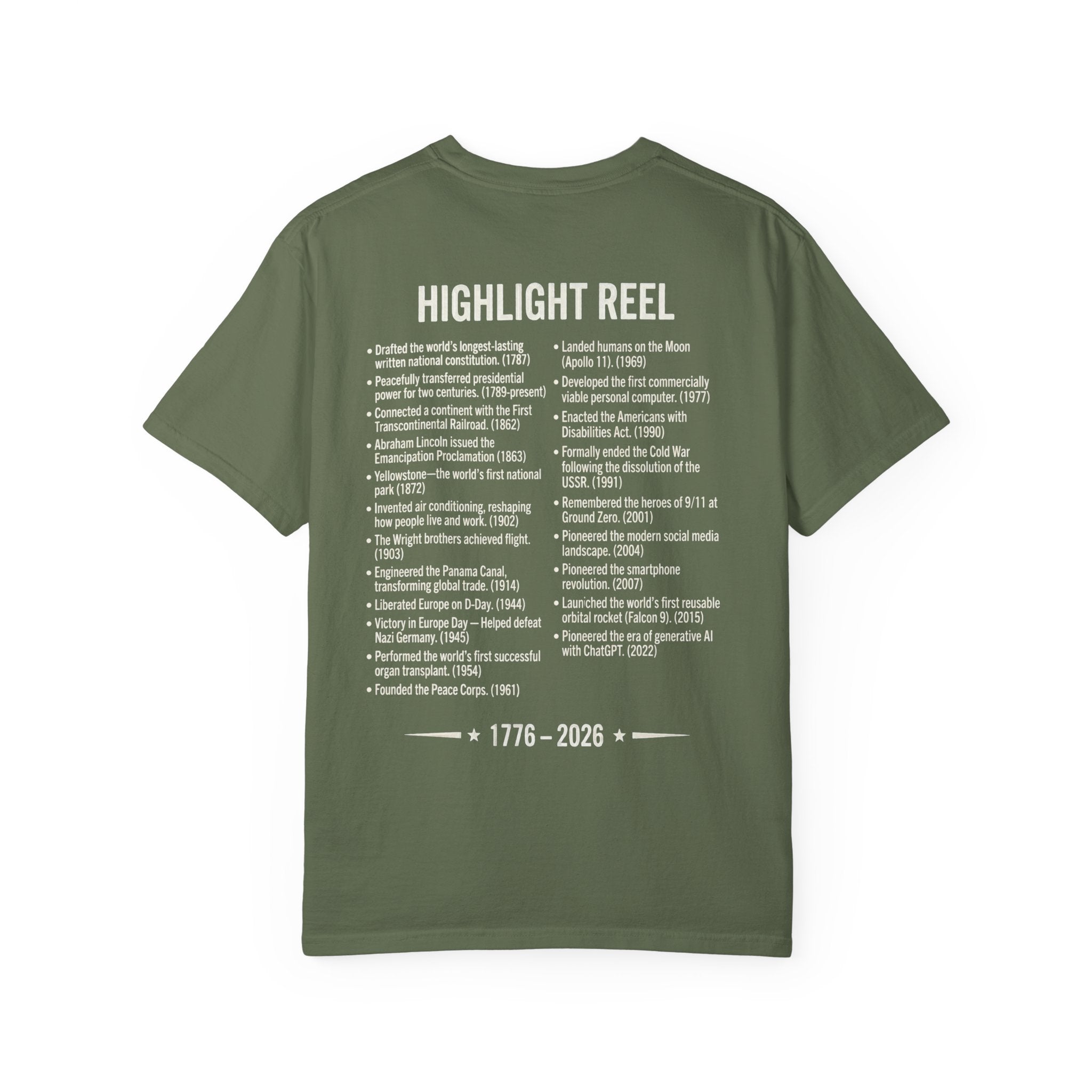 America Stat Card Tee, America 250 Commemorative T-Shirt — 1776–2026 Highlight Reel Tee