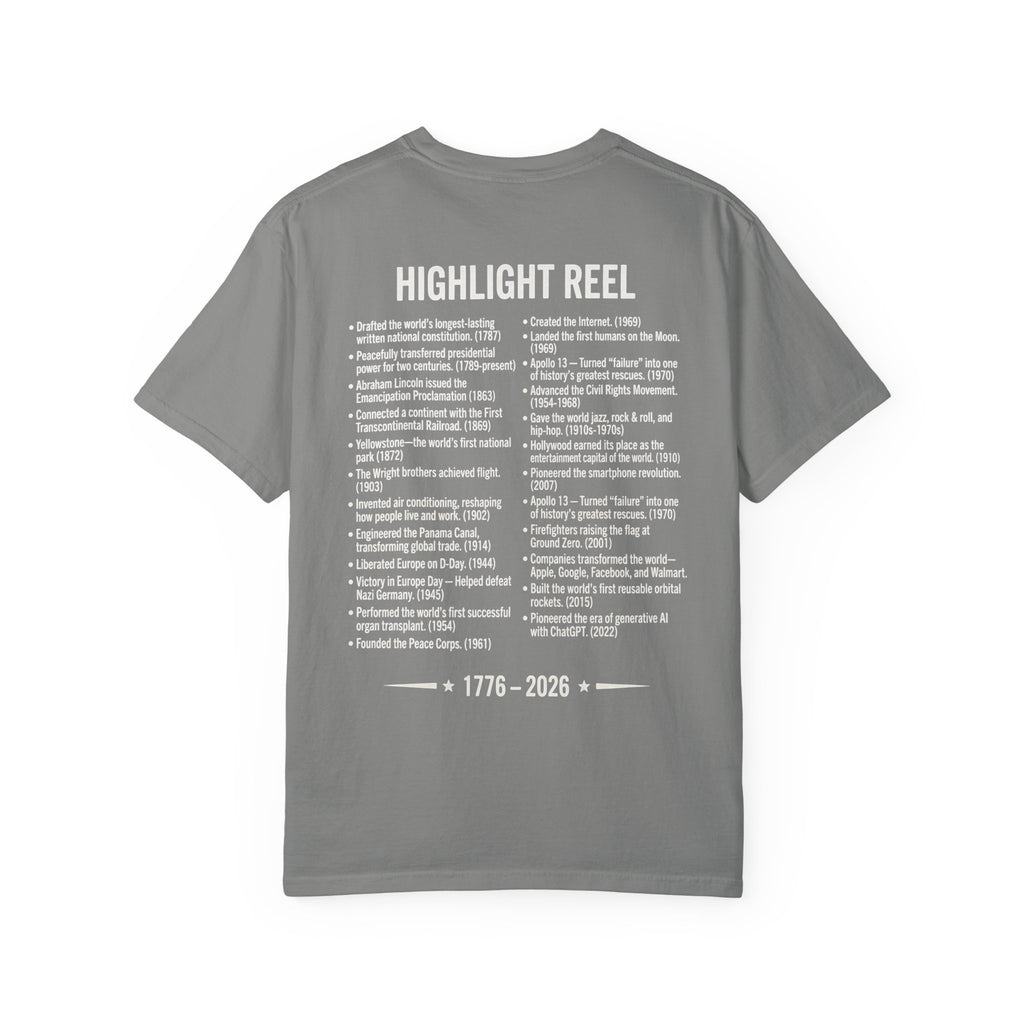 America Stat Card Tee, America 250 Commemorative T-Shirt — 1776–2026 Highlight Reel Tee