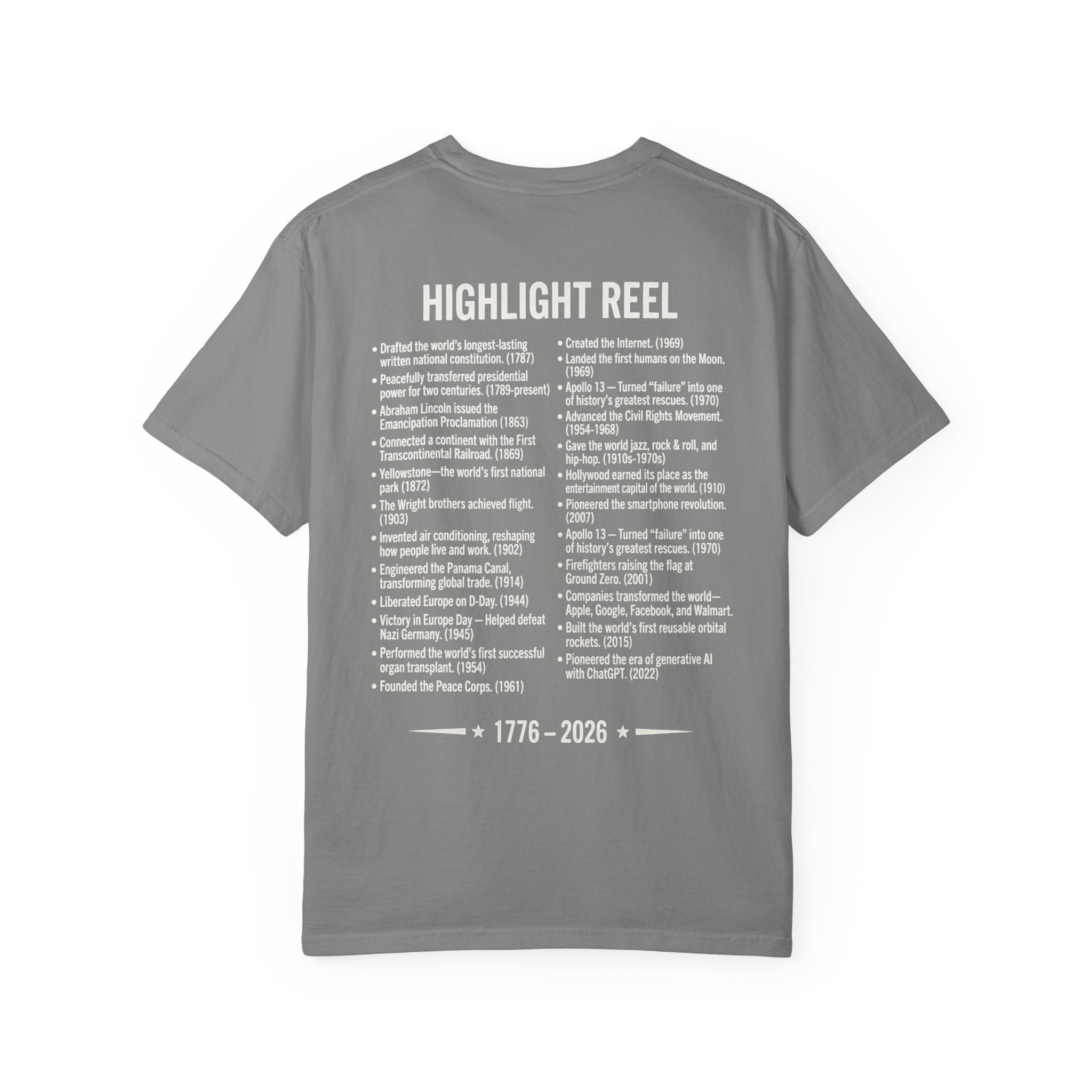 America Stat Card Tee, America 250 Commemorative T-Shirt — 1776–2026 Highlight Reel Tee