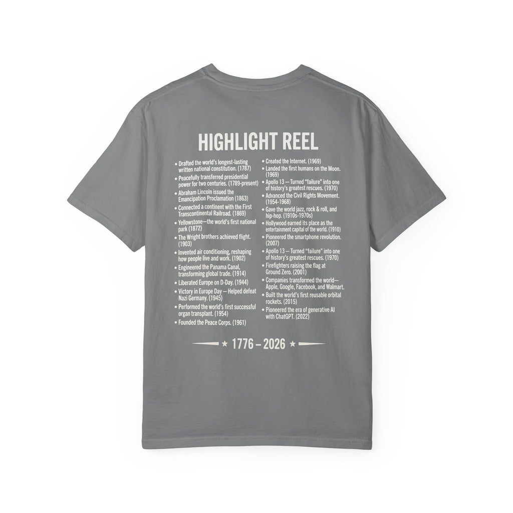 America Stat Card Tee, America 250 Commemorative T-Shirt — 1776–2026 Highlight Reel Tee