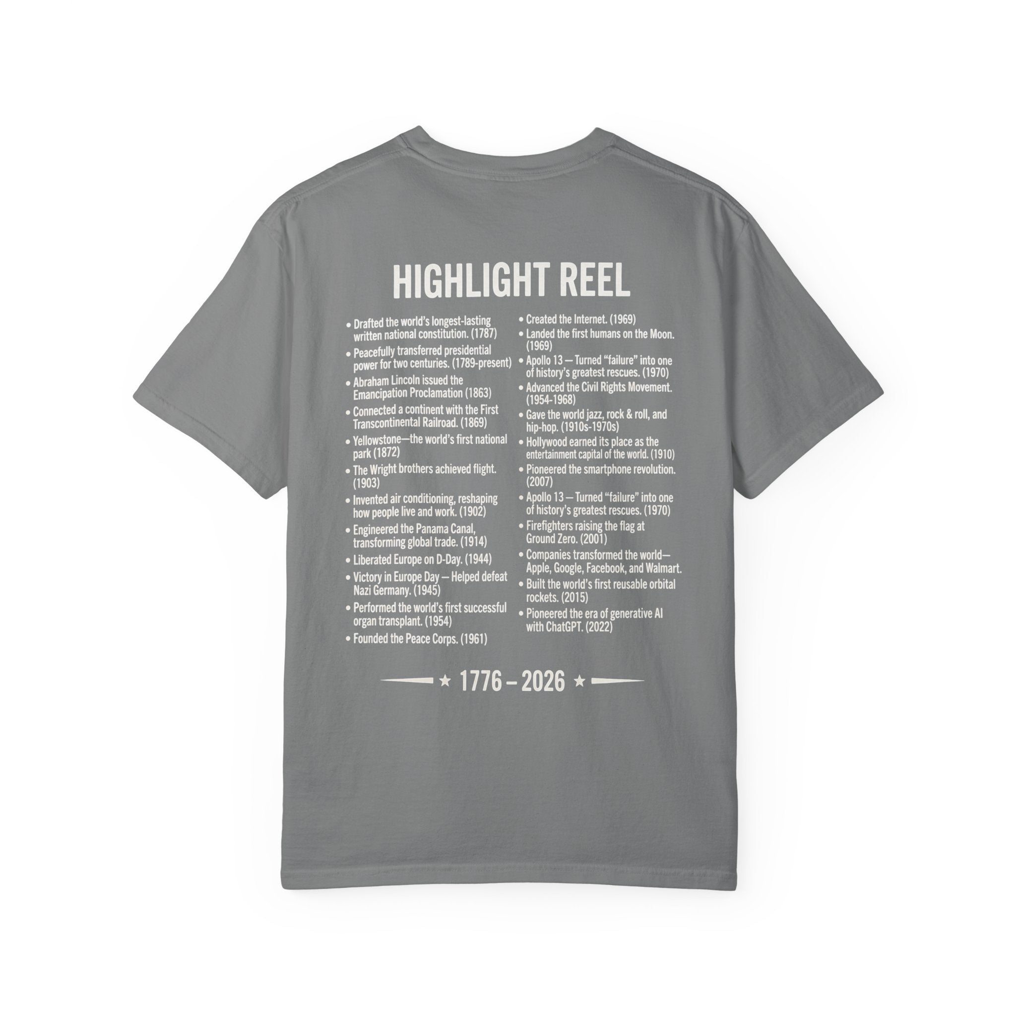 America Stat Card Tee, America 250 Commemorative T-Shirt — 1776–2026 Highlight Reel Tee