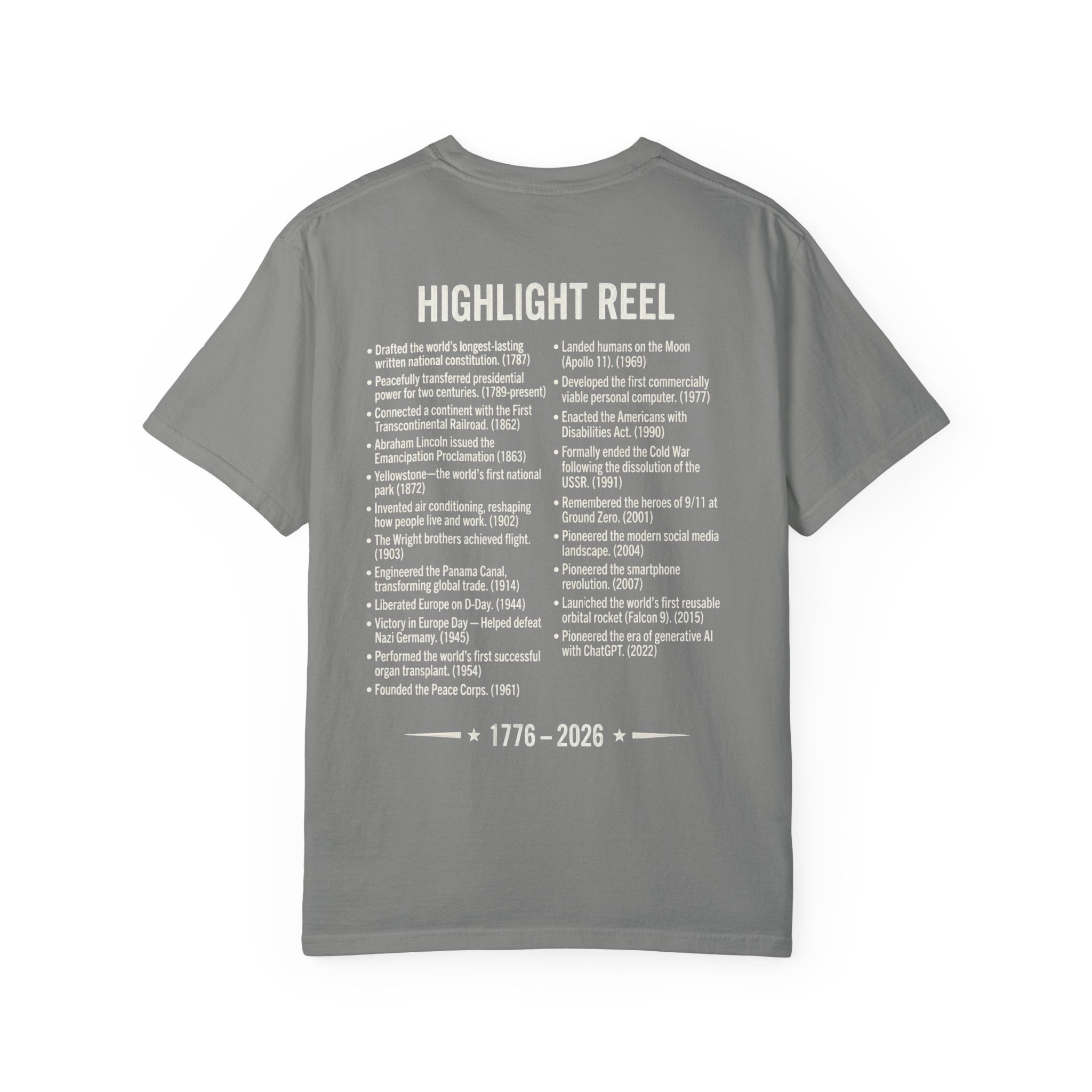 America Stat Card Tee, America 250 Commemorative T-Shirt — 1776–2026 Highlight Reel Tee