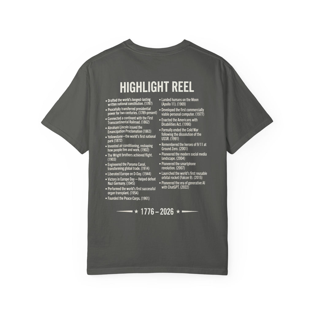 America Stat Card Tee, America 250 Commemorative T-Shirt — 1776–2026 Highlight Reel Tee