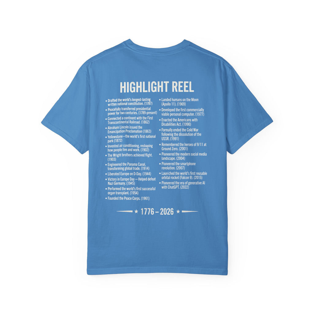 America Stat Card Tee, America 250 Commemorative T-Shirt — 1776–2026 Highlight Reel Tee