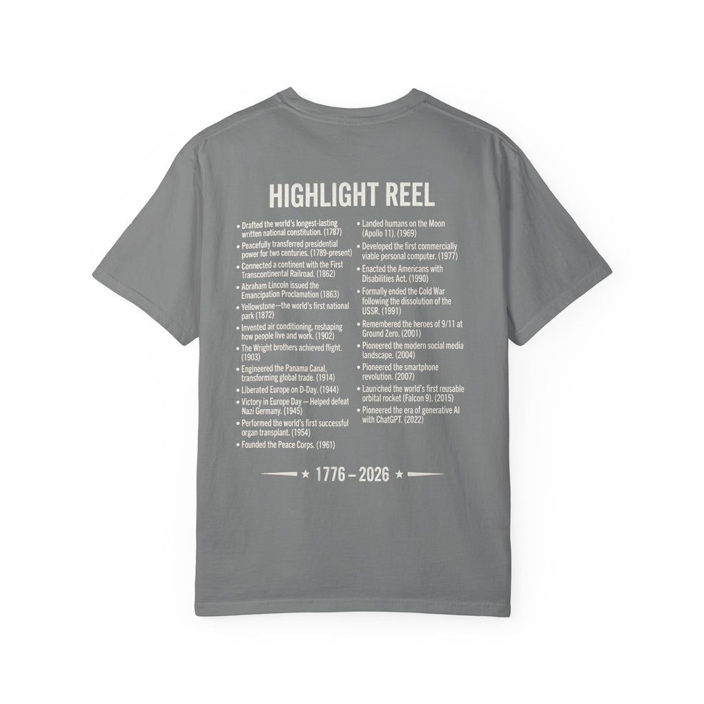 America Stat Card Tee, America 250 Commemorative T-Shirt — 1776–2026 Highlight Reel Tee