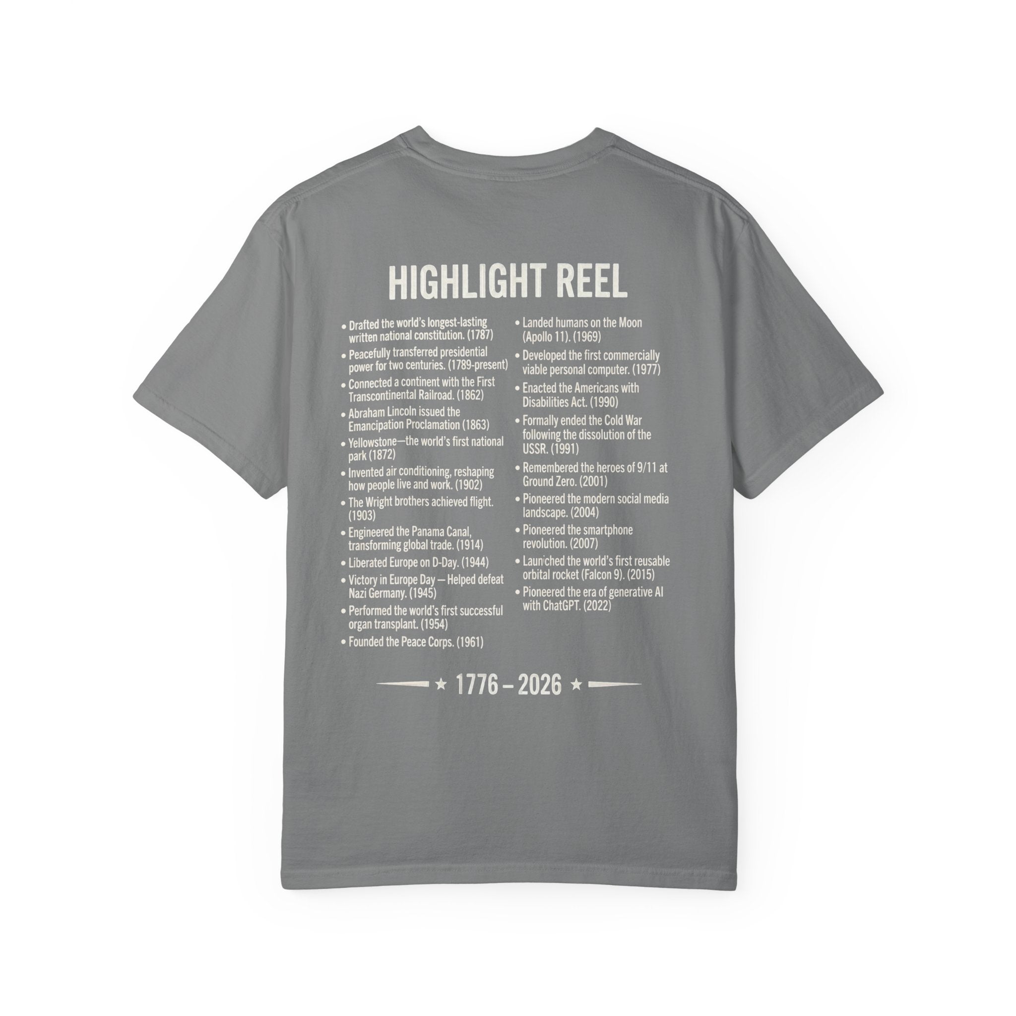 America Stat Card Tee, America 250 Commemorative T-Shirt — 1776–2026 Highlight Reel Tee