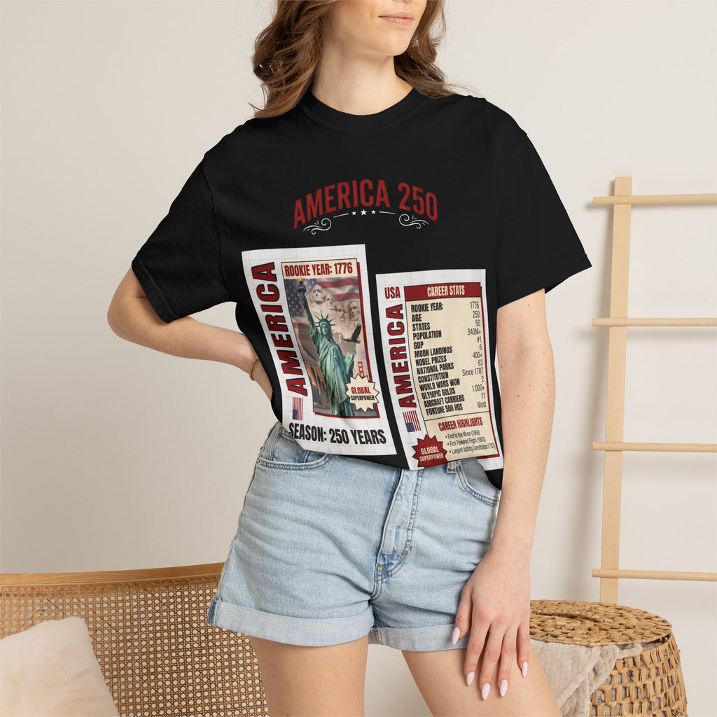 America Stat Card Tee, America 250 Commemorative T-Shirt — 1776–2026 Highlight Reel Tee