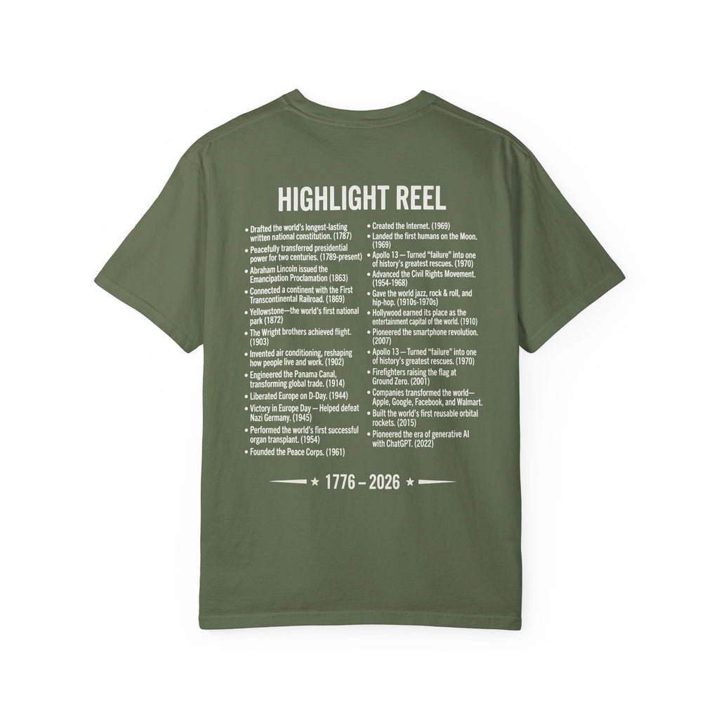 America Stat Card Tee, America 250 Commemorative T-Shirt — 1776–2026 Highlight Reel Tee