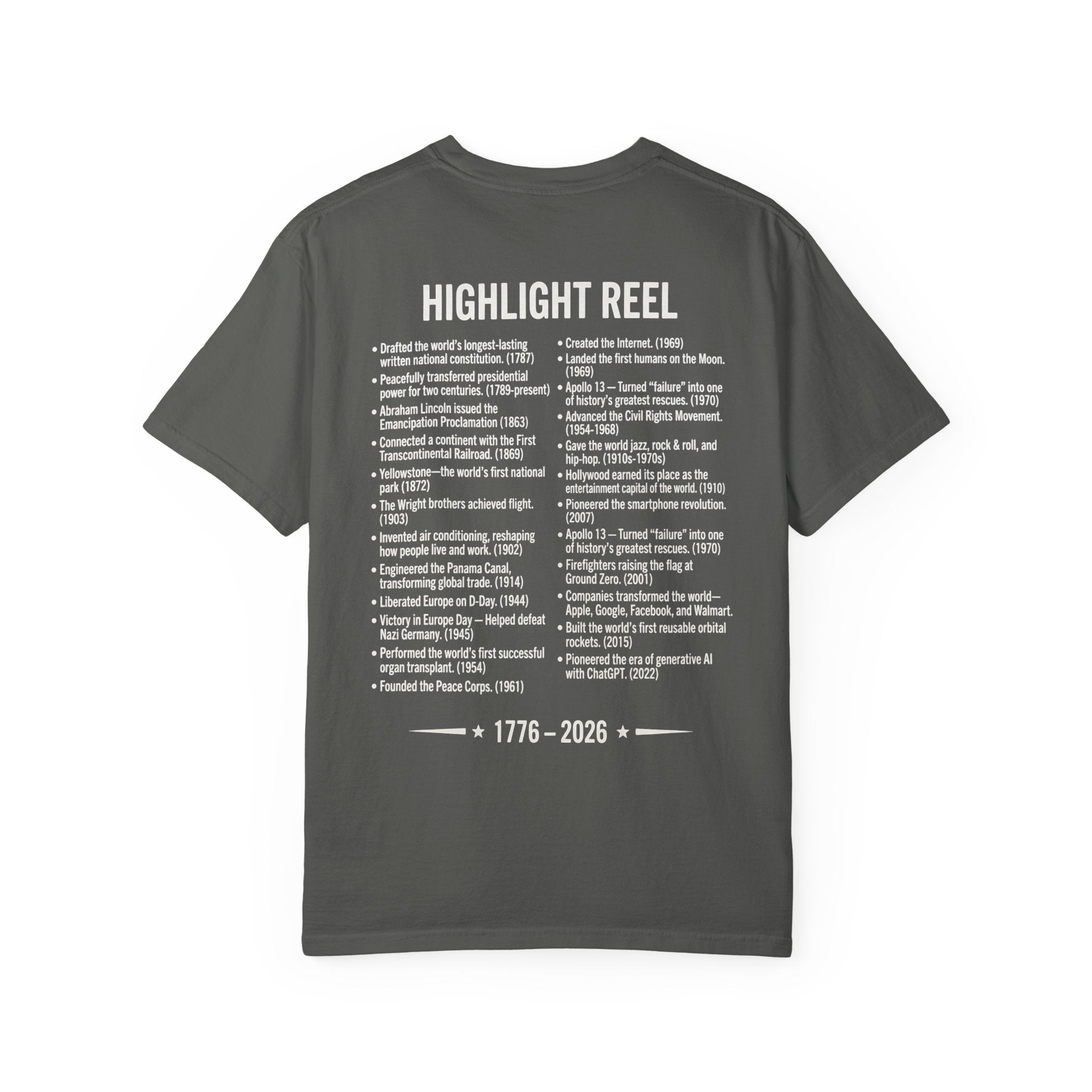 America Stat Card Tee, America 250 Commemorative T-Shirt — 1776–2026 Highlight Reel Tee