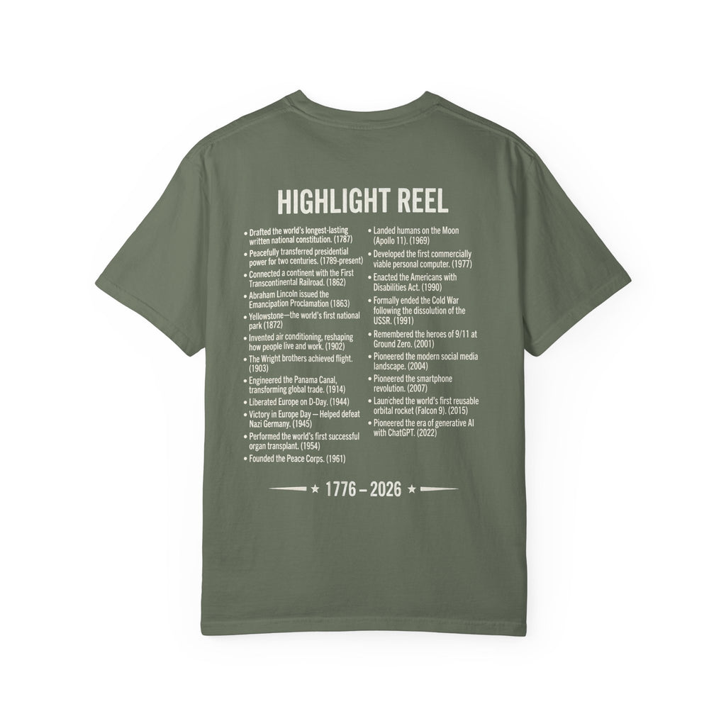 America Stat Card Tee, America 250 Commemorative T-Shirt — 1776–2026 Highlight Reel Tee