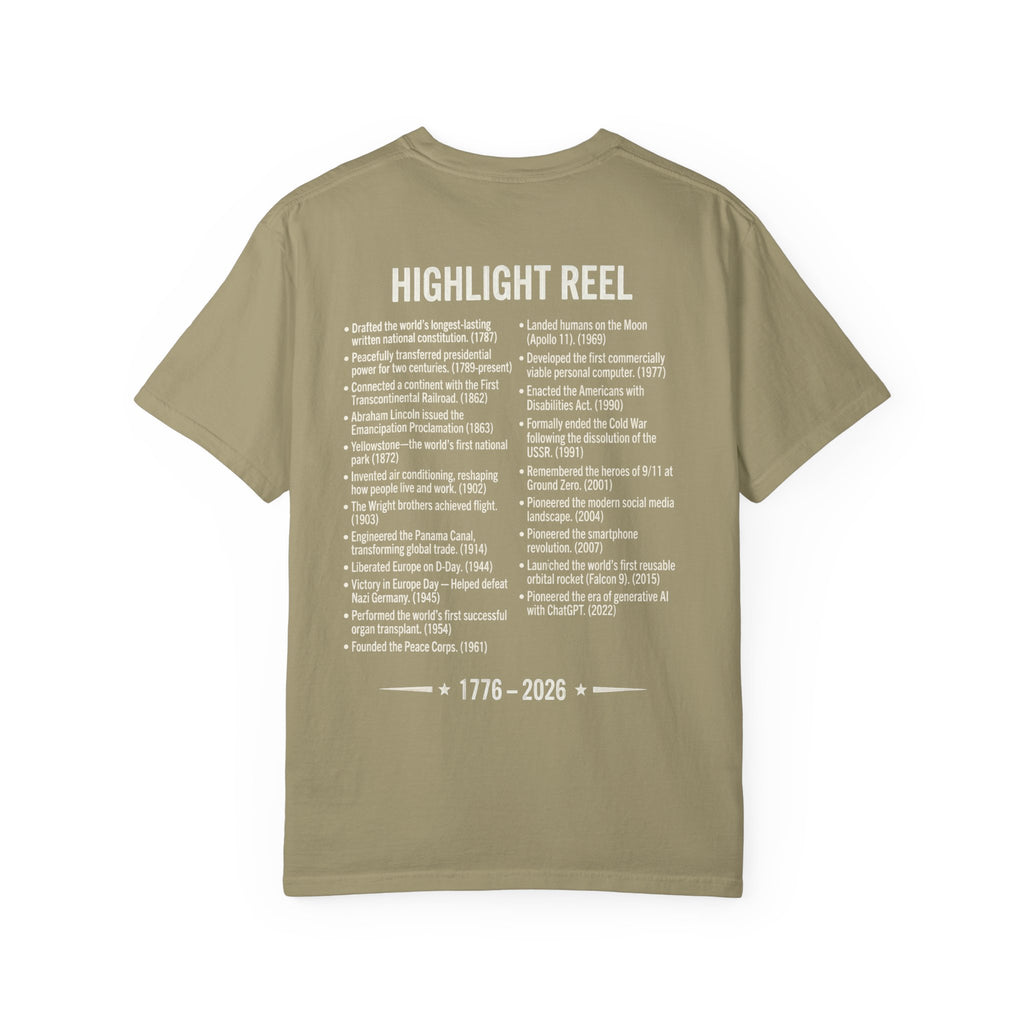 America Stat Card Tee, America 250 Commemorative T-Shirt — 1776–2026 Highlight Reel Tee