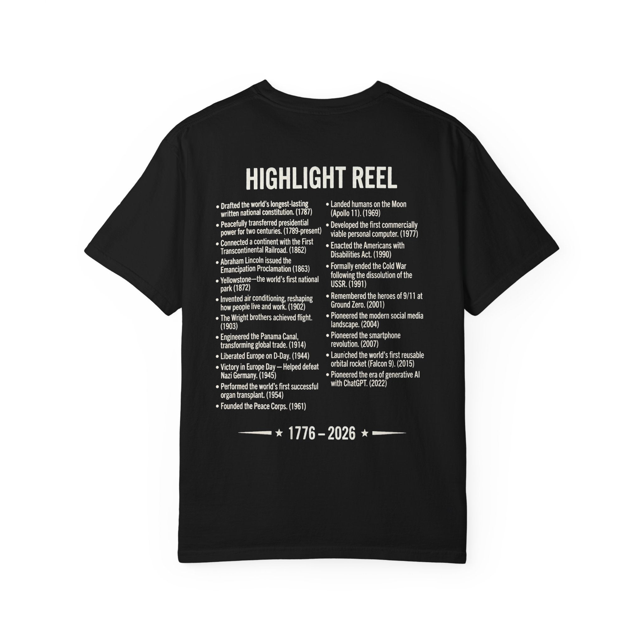 America Stat Card Tee, America 250 Commemorative T-Shirt — 1776–2026 Highlight Reel Tee