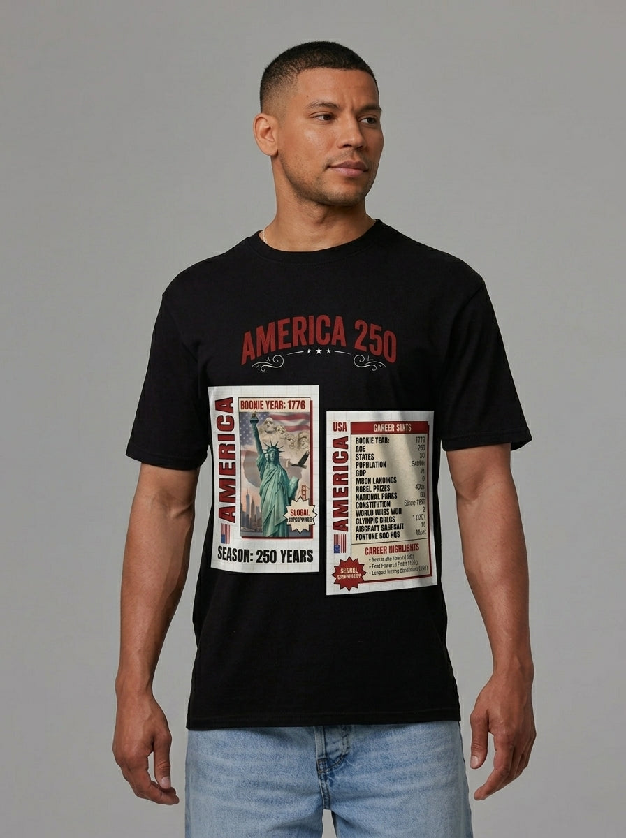 America Stat Card Tee, America 250 Commemorative T-Shirt — 1776–2026 Highlight Reel Tee