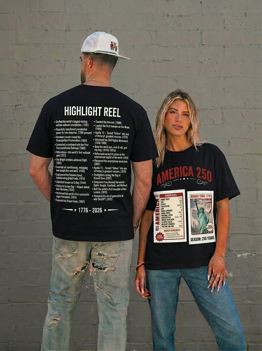 America Stat Card Tee, America 250 Commemorative T-Shirt — 1776–2026 Highlight Reel Tee