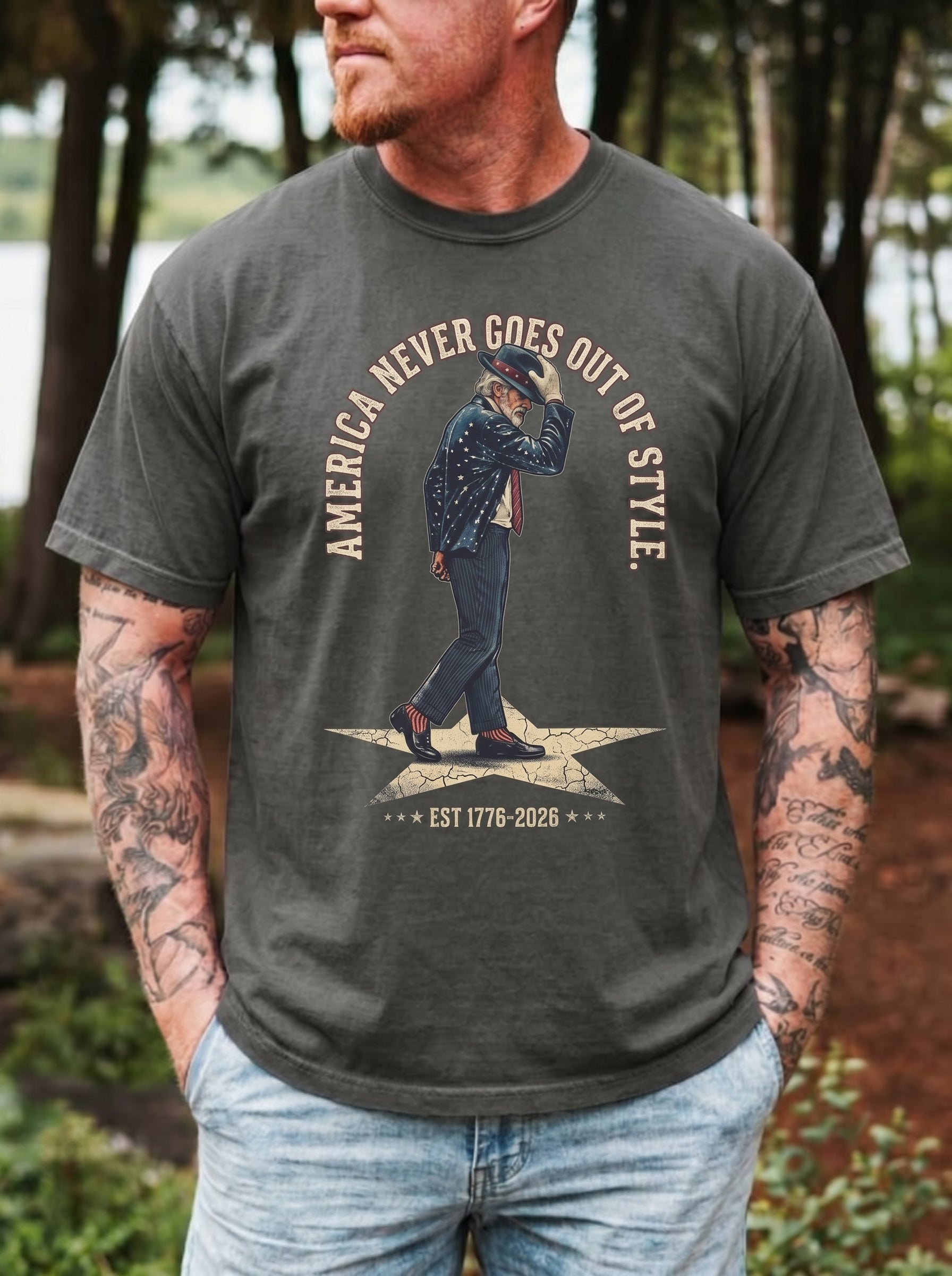 America Never Goes Out of Style T‑Shirt, Uncle Sam Moonwalking