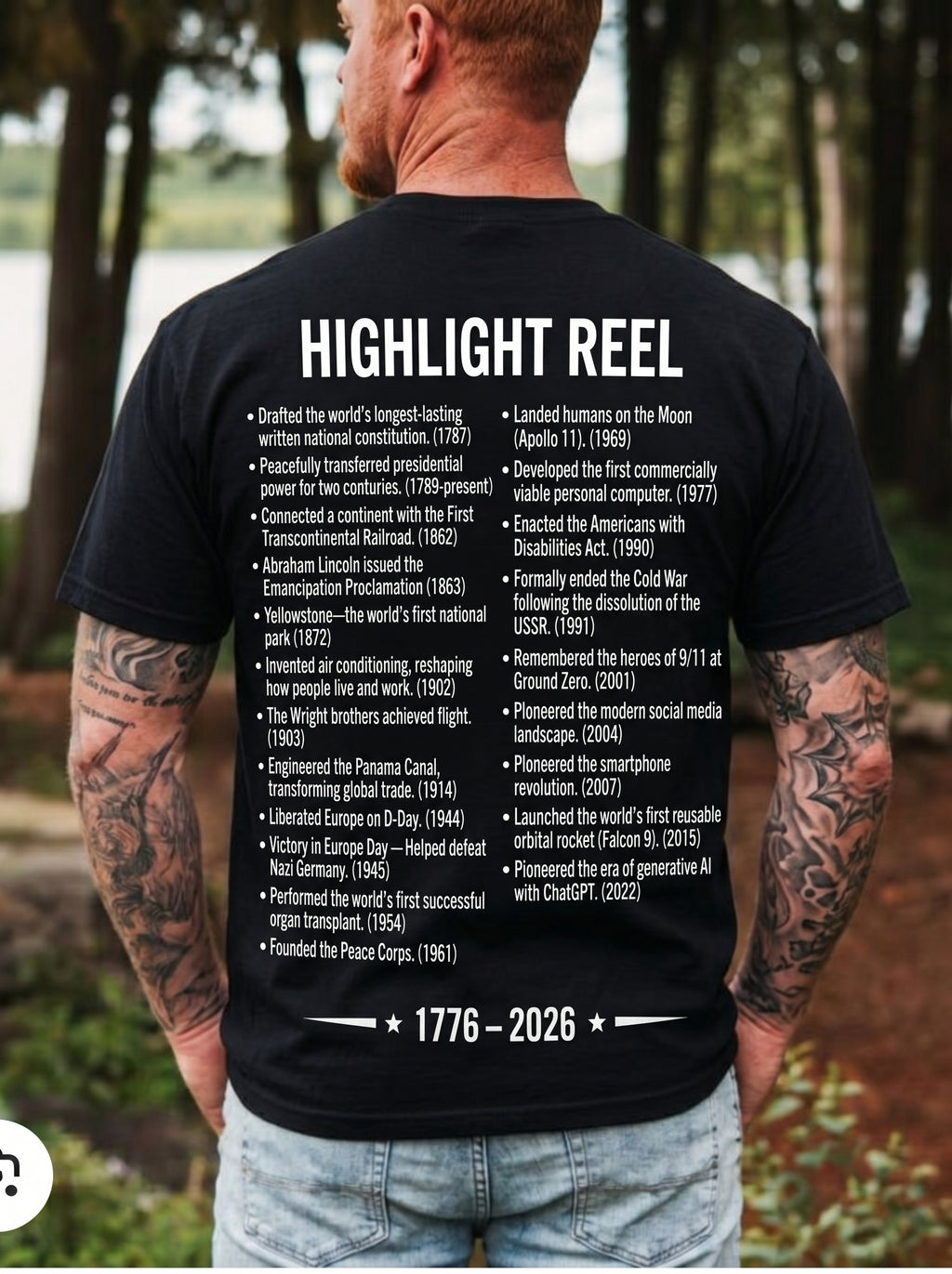 America Stat Card Tee, America 250 Commemorative T-Shirt — 1776–2026 Highlight Reel Tee