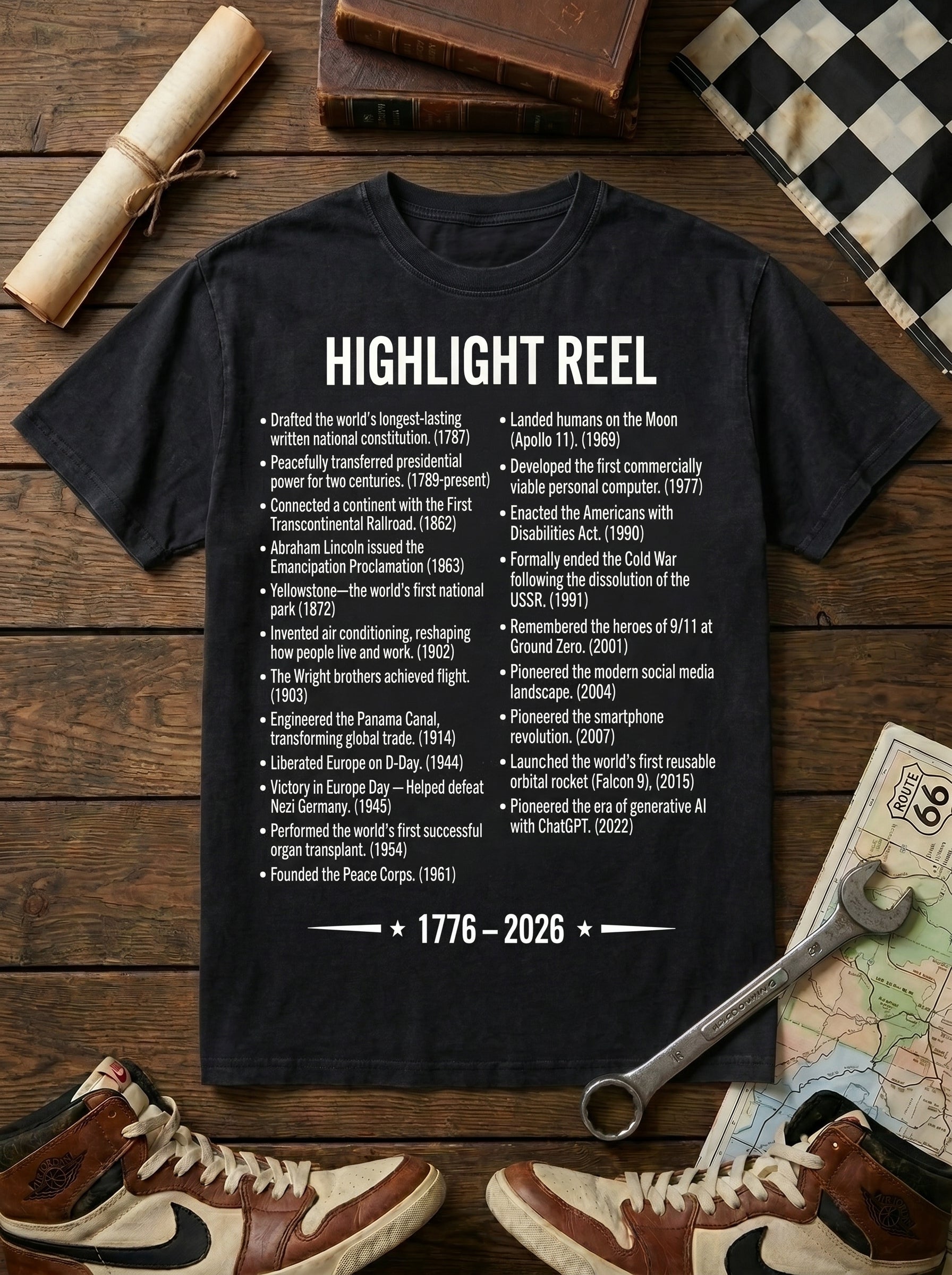 America Stat Card Tee, America 250 Commemorative T-Shirt — 1776–2026 Highlight Reel Tee