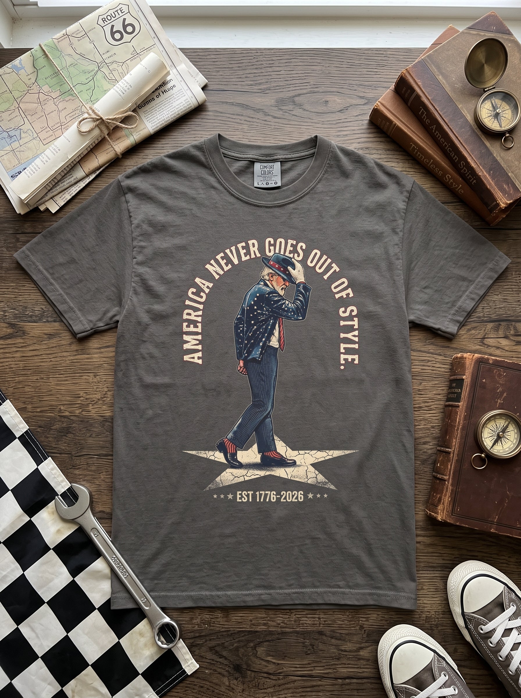 America Never Goes Out of Style T‑Shirt, Uncle Sam Moonwalking
