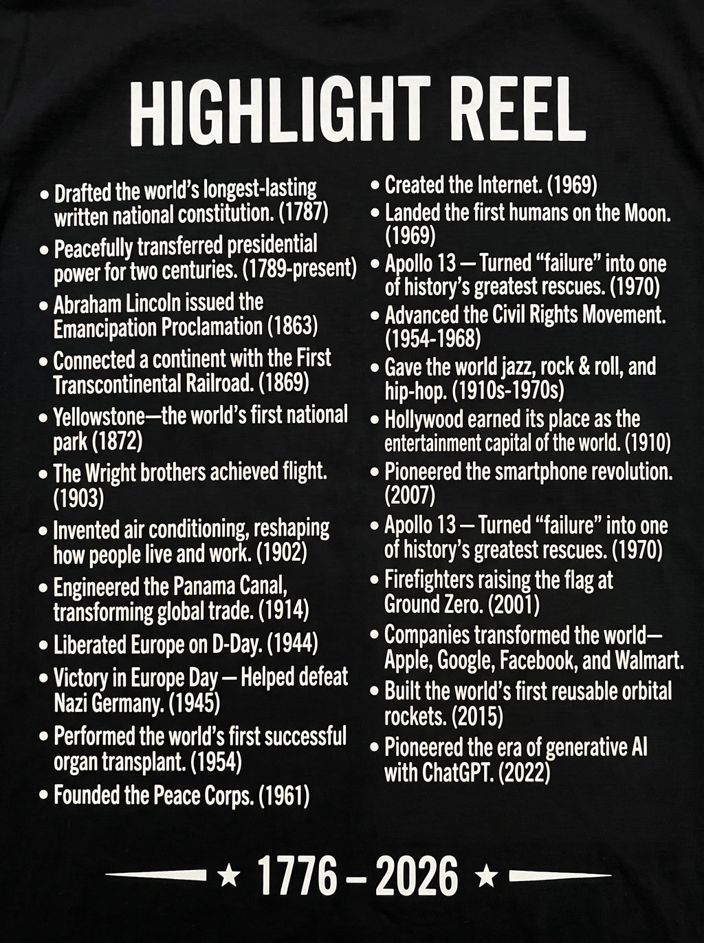 America Stat Card Tee, America 250 Commemorative T-Shirt — 1776–2026 Highlight Reel Tee