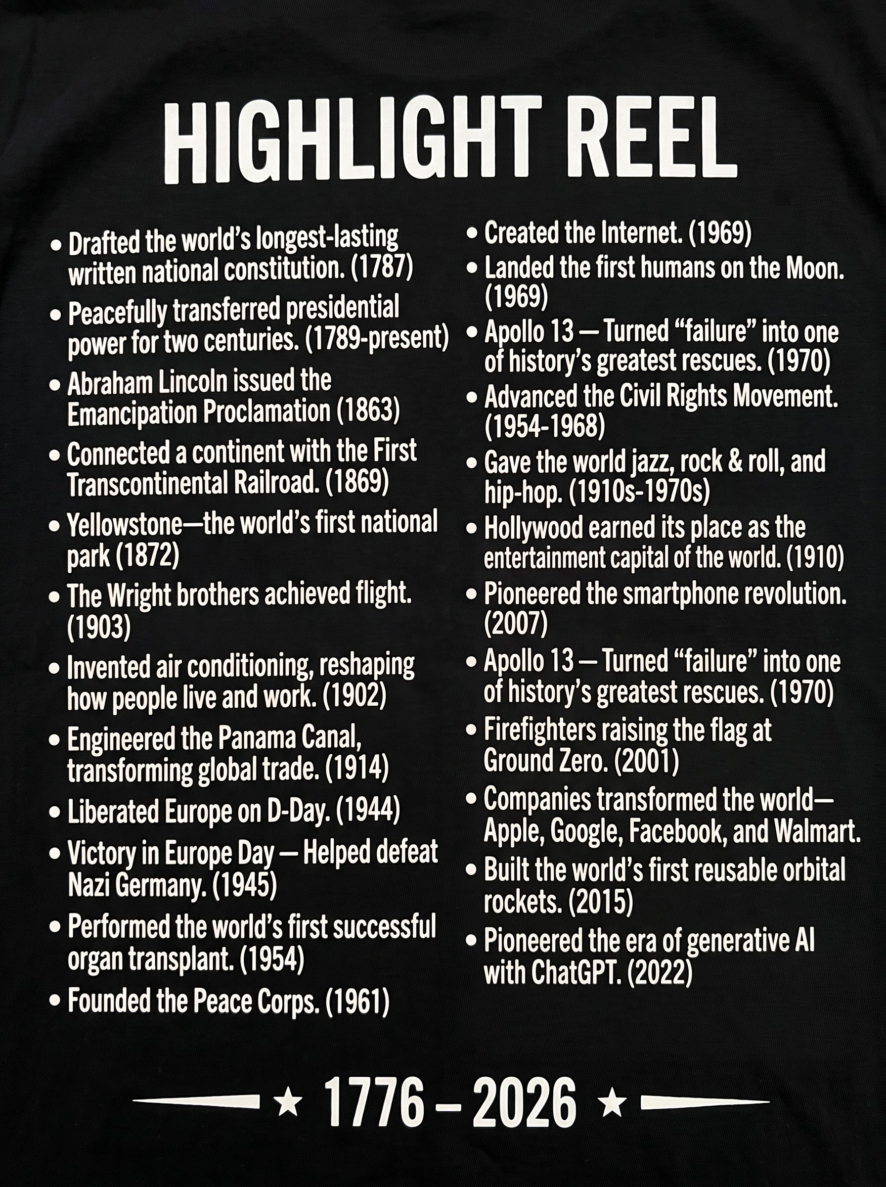 America Stat Card Tee, America 250 Commemorative T-Shirt — 1776–2026 Highlight Reel Tee